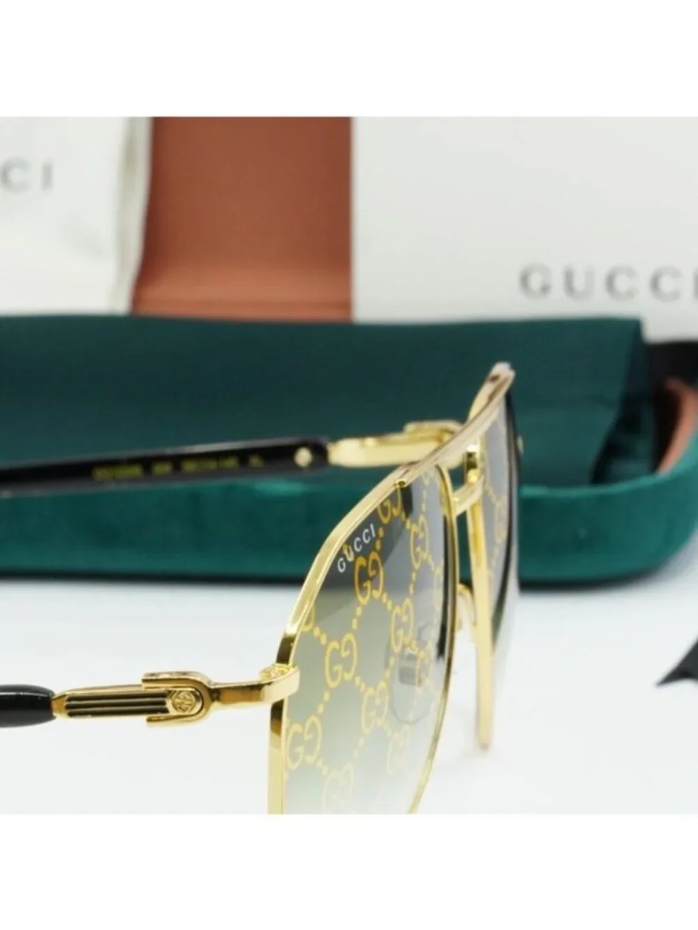 Gucci GG1220S 004 Aviator Sunglasses – Gold/Green with Pattern